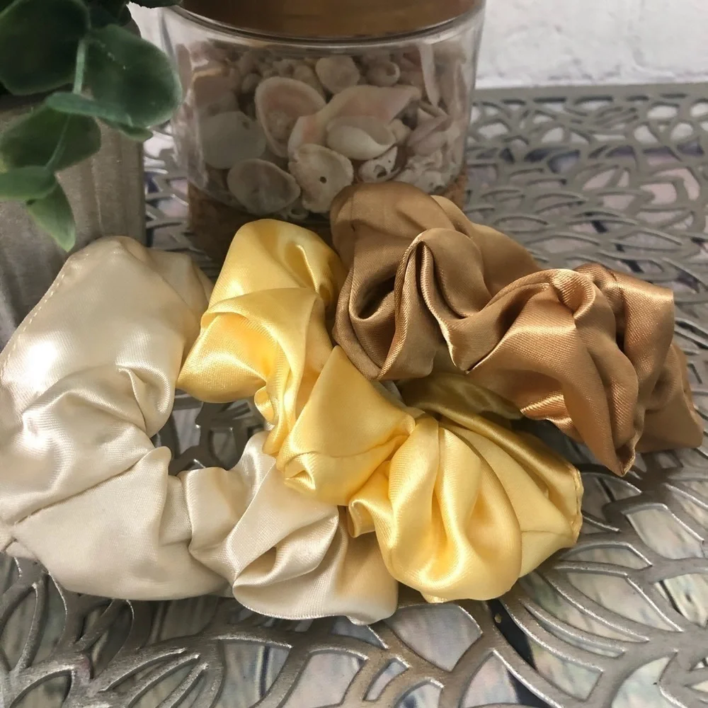 3 New Silk Scrunchies Creme, Tan, Yellow Colors
